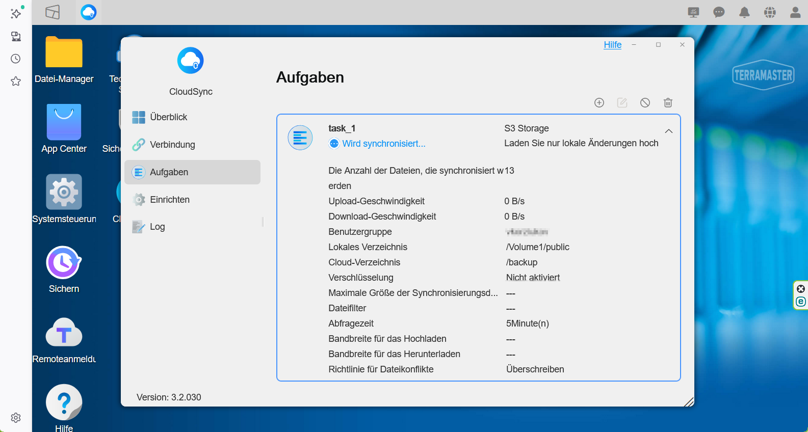 Terramaster-App CloudSync, Abschnitt Aufgaben mit aktiver Synchronisation