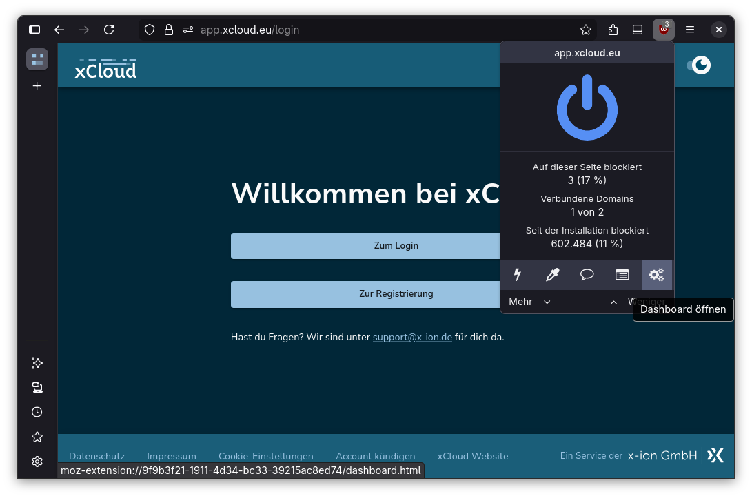 uBlock Origin Widget geöffnet in der Browser-Toolbar