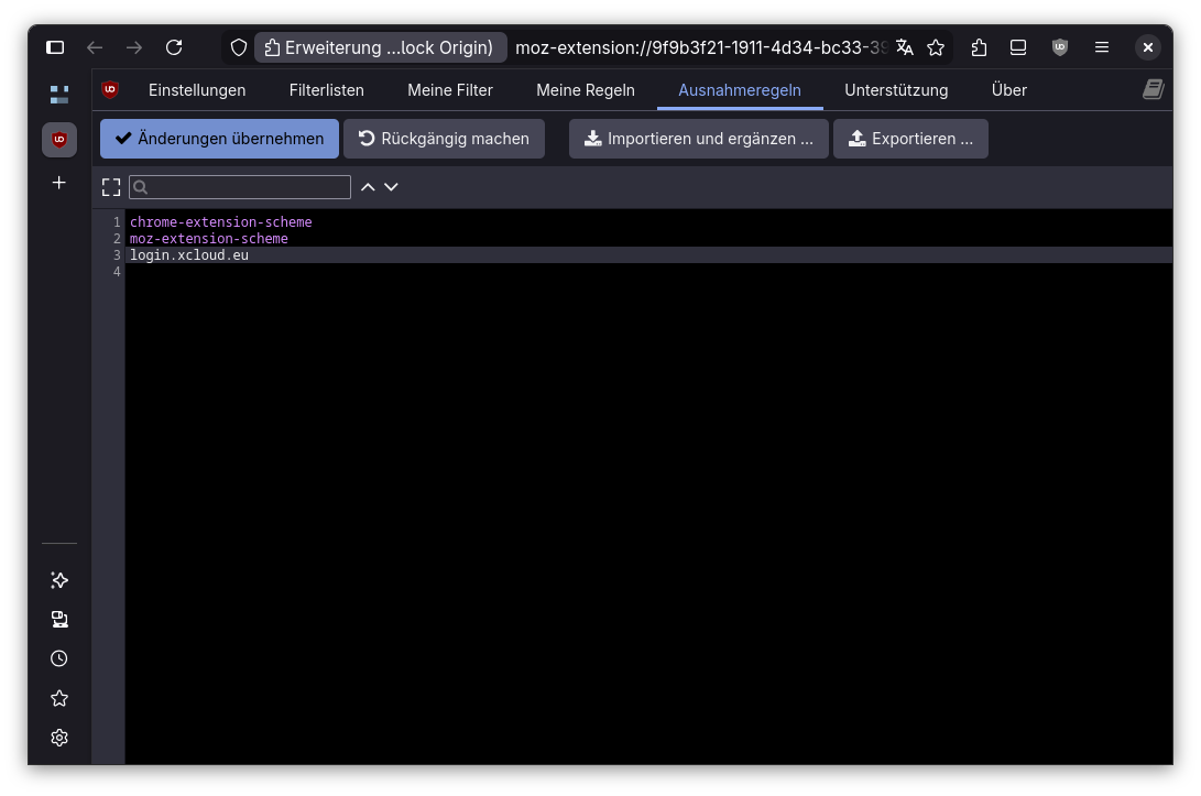 uBlock Origin Erweiterung Ausnahmeregeln mit Zeile login.xcloud.eu
